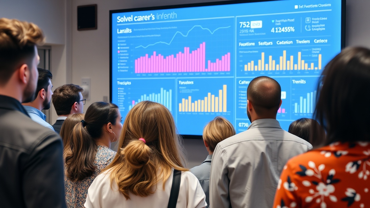 A diverse group of people gathers around a large screen displaying career data and trends.