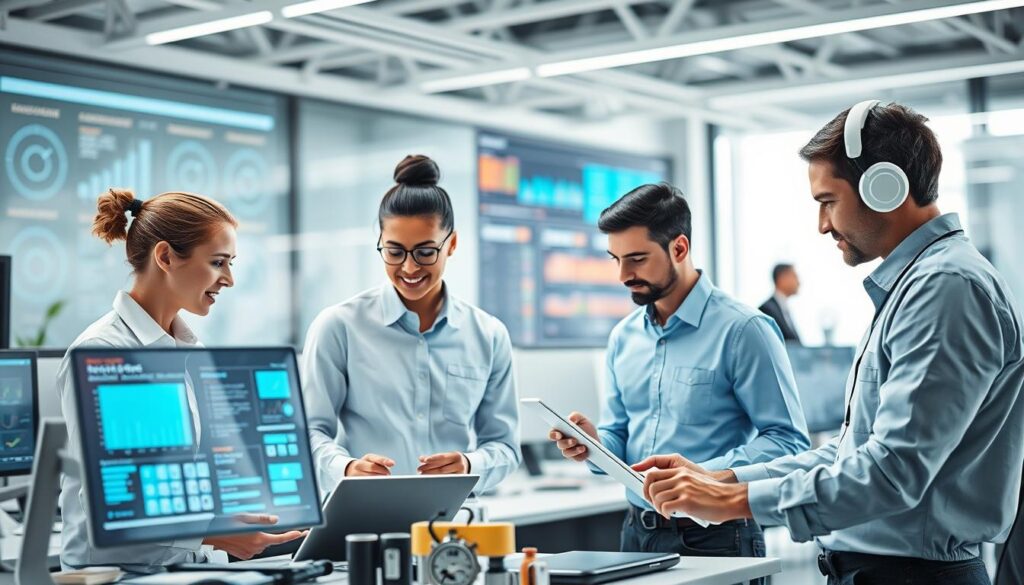 AI-powered workplace showing collaboration between humans and AI systems AI-powered workplace showing collaboration between humans and AI systems