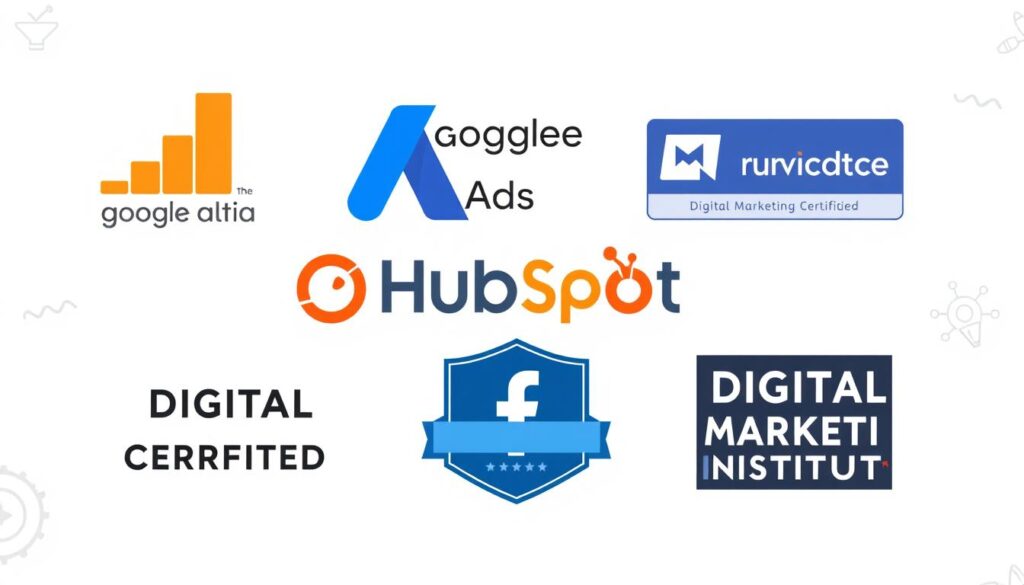 Collection of digital marketing certification logos including Google Analytics, HubSpot, and Facebook Blueprint Collection of digital marketing certification logos including Google Analytics, HubSpot, and Facebook Blueprint
