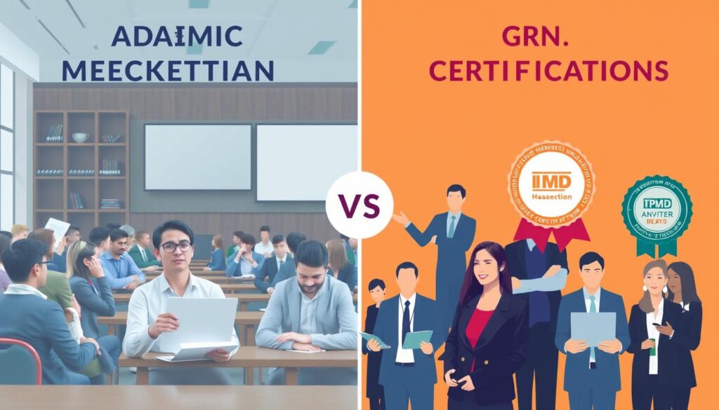 Comparison between academic marketing degrees and industry certifications showing career paths Comparison between academic marketing degrees and industry certifications showing career paths
