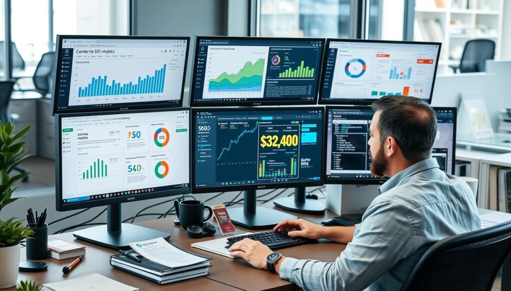 Content marketing professional working on SEO strategy with certification materials visible Content marketing professional working on SEO strategy with certification materials visible