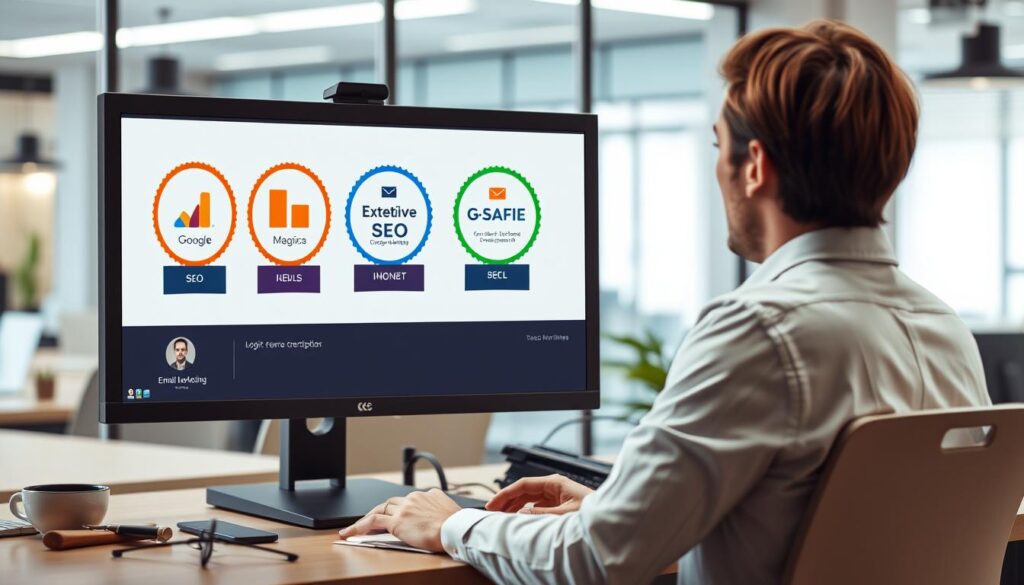 Digital marketing specialist working with multiple specialized certification badges displayed Digital marketing specialist working with multiple specialized certification badges displayed