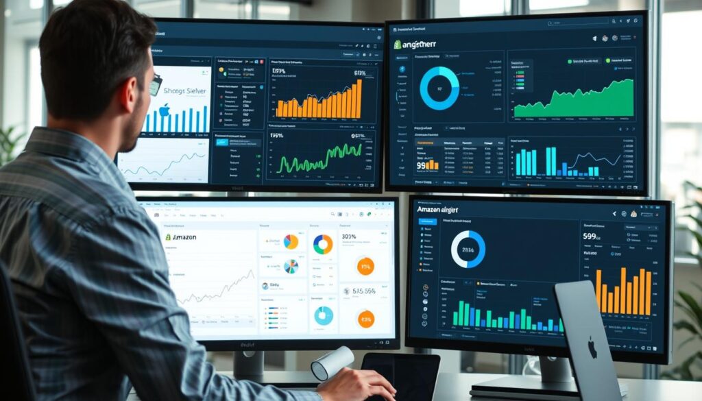 E-commerce professional working with Shopify and Amazon dashboards showing sales analytics E-commerce professional working with Shopify and Amazon dashboards showing sales analytics