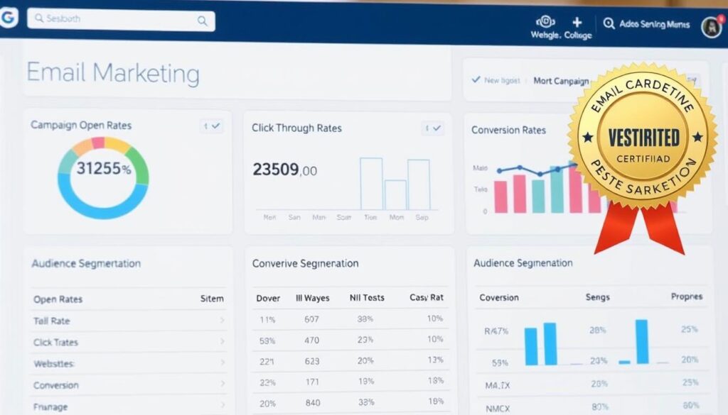 Email marketing dashboard showing campaign performance metrics and certification badge Email marketing dashboard showing campaign performance metrics and certification badge