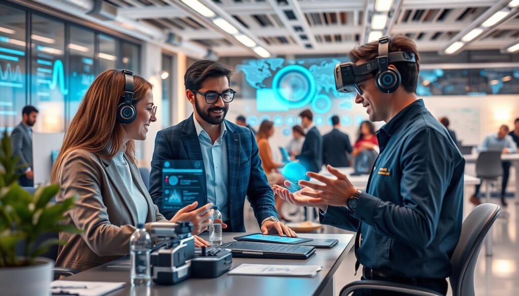 Future workplace showing AI and human collaboration Future workplace showing AI and human collaboration