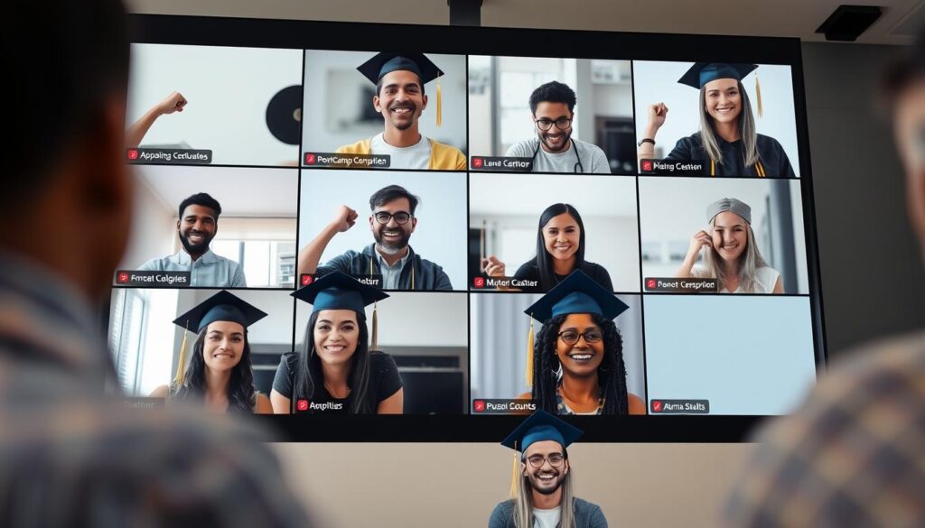 Group of diverse remote bootcamp graduates celebrating their new tech careers virtually