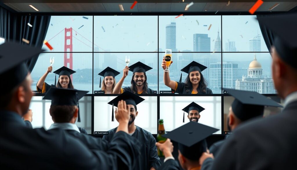 Group of remote students celebrating graduation virtually with California tech landmarks Group of remote students celebrating graduation virtually with California tech landmarks