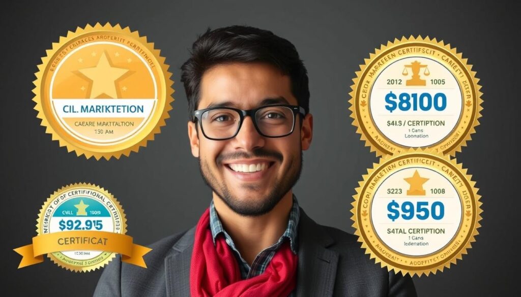Marketing professional proudly displaying multiple certification badges on their profile Marketing professional proudly displaying multiple certification badges on their profile