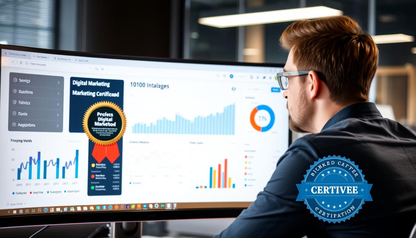 Marketing professional working with digital marketing certification dashboard showing analytics and performance metrics
