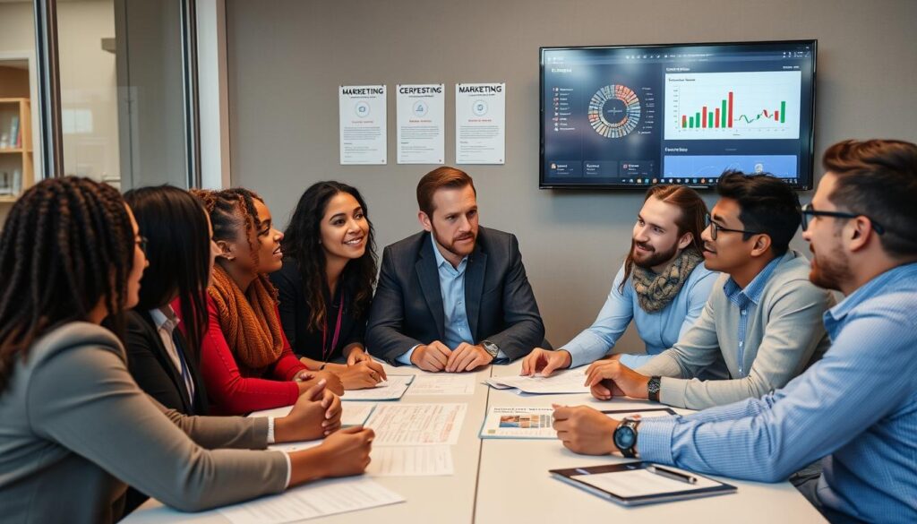 Marketing strategy meeting with professionals discussing certification credentials and career advancement Marketing strategy meeting with professionals discussing certification credentials and career advancement