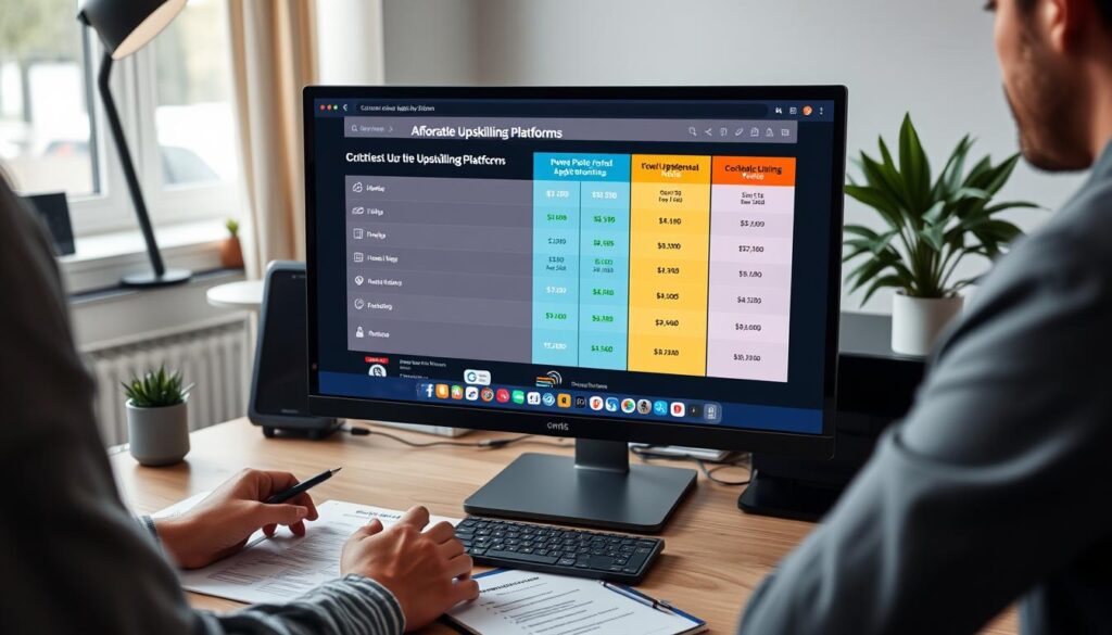 Person analyzing affordable upskilling platform options on computer