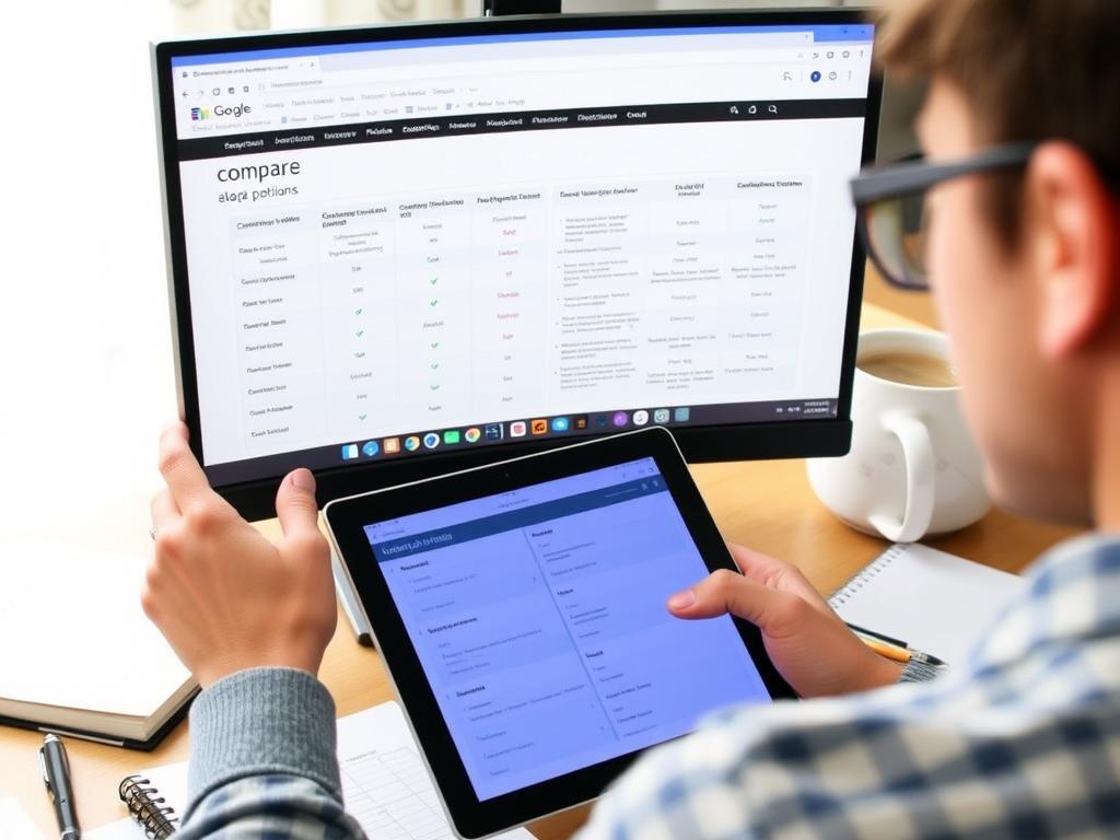 Person comparing different coding bootcamp options on computer and tablet