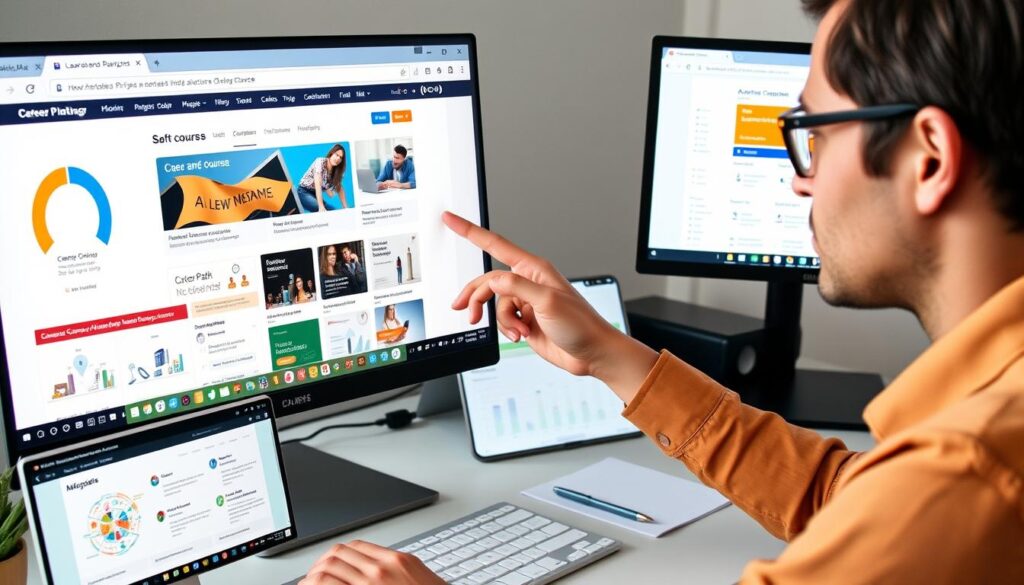 Person selecting online courses aligned with career goals Person selecting online courses aligned with career goals