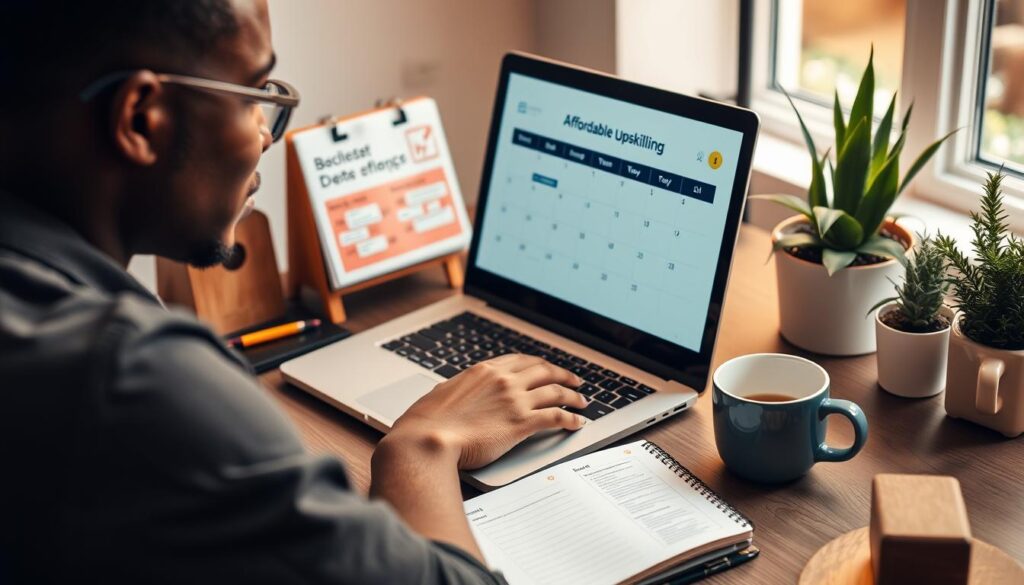 Person studying on affordable upskilling platform with calendar and notes