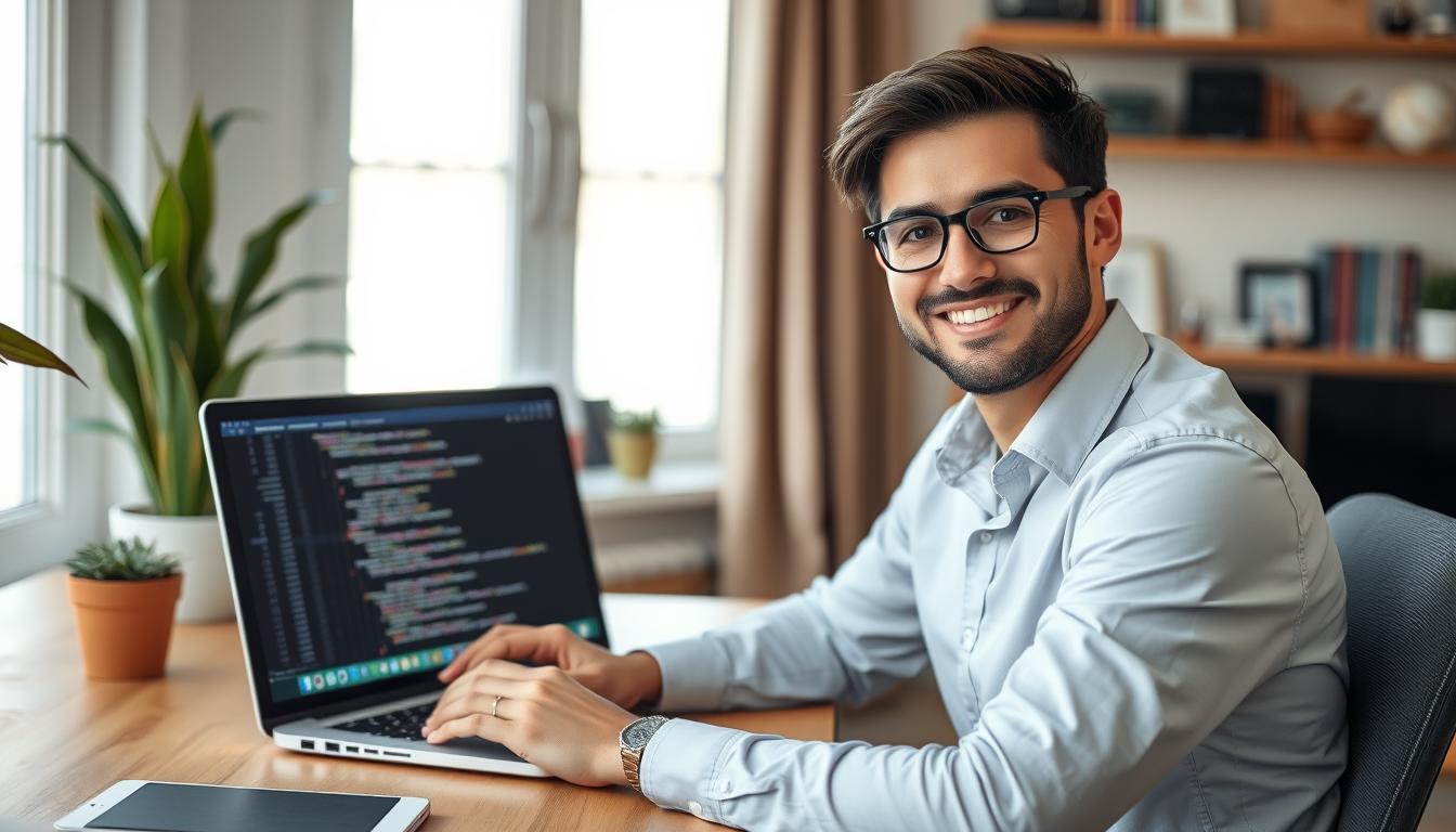 Person working on laptop with code on screen, representing remote coding bootcamp student