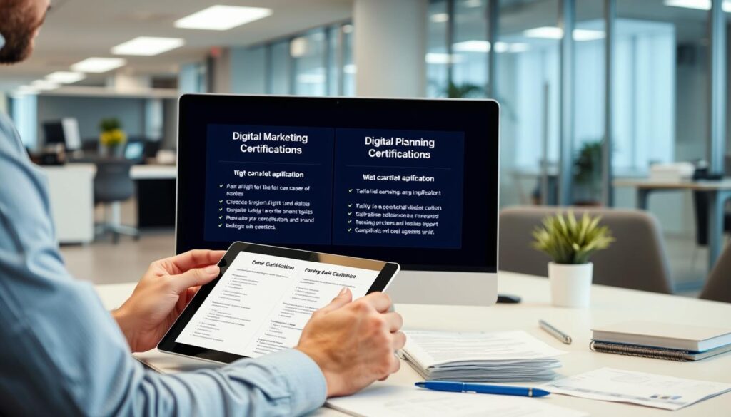 Professional comparing different digital marketing certification options Professional comparing different digital marketing certification options