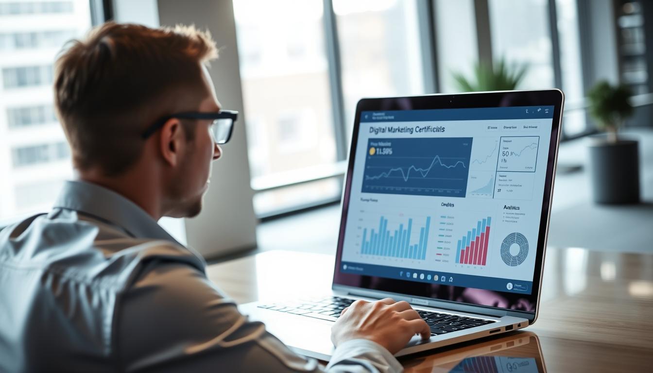 Professional reviewing digital marketing certification credentials on laptop