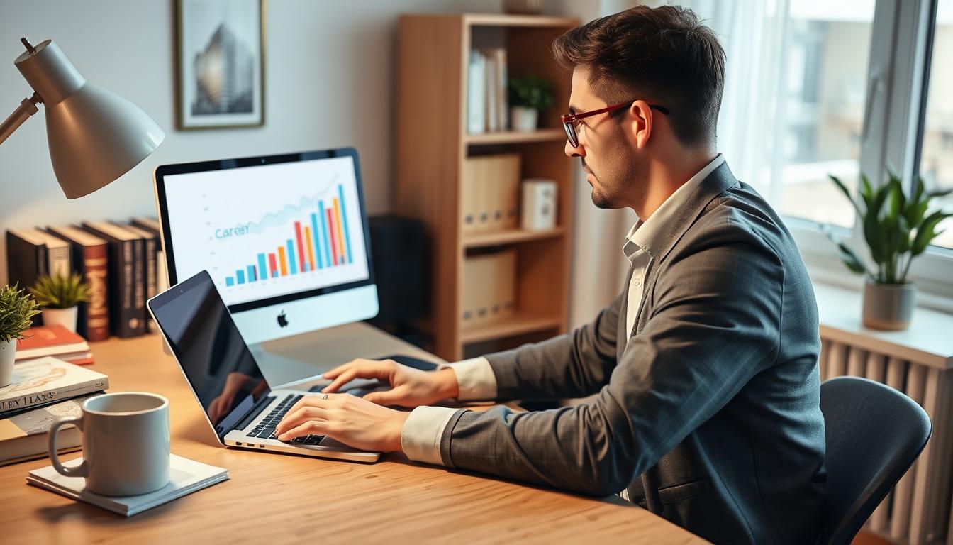 Professional studying on laptop with career growth chart on screen