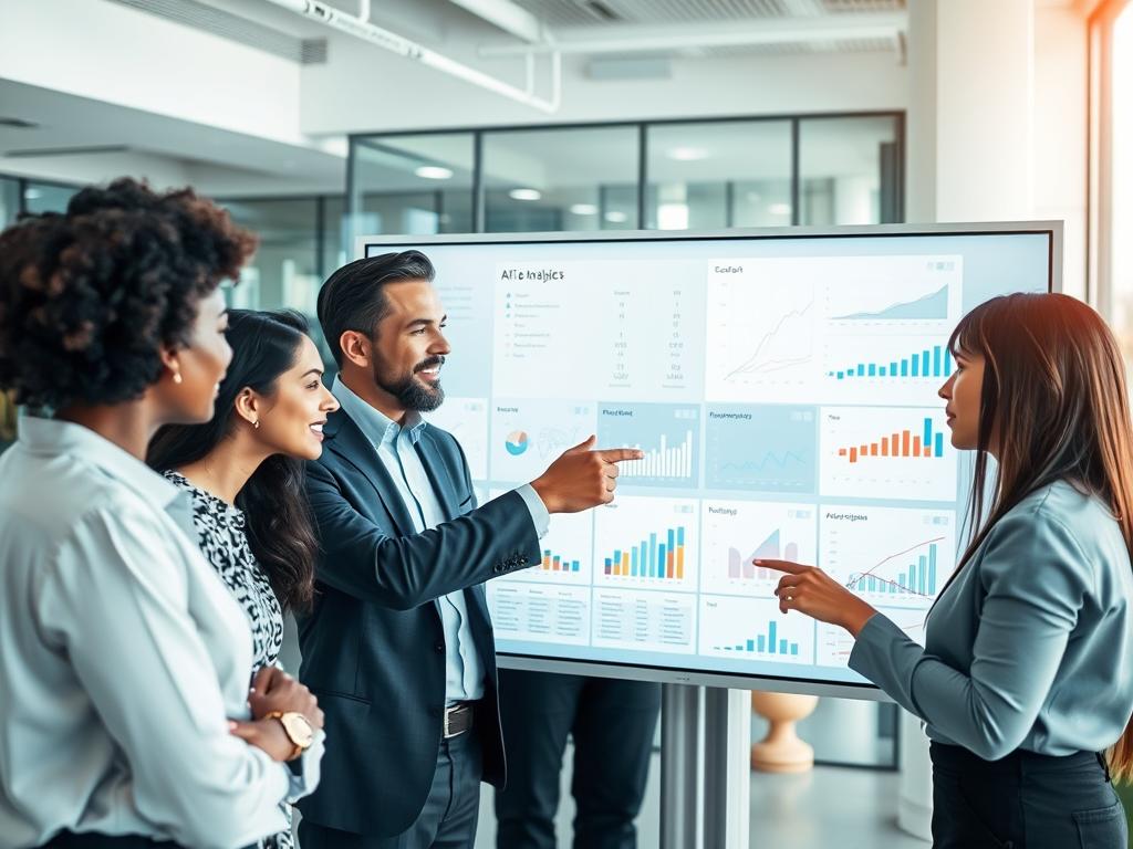 Professionals collaborating with AI tools in a modern workplace setting Professionals collaborating with AI tools in a modern workplace setting