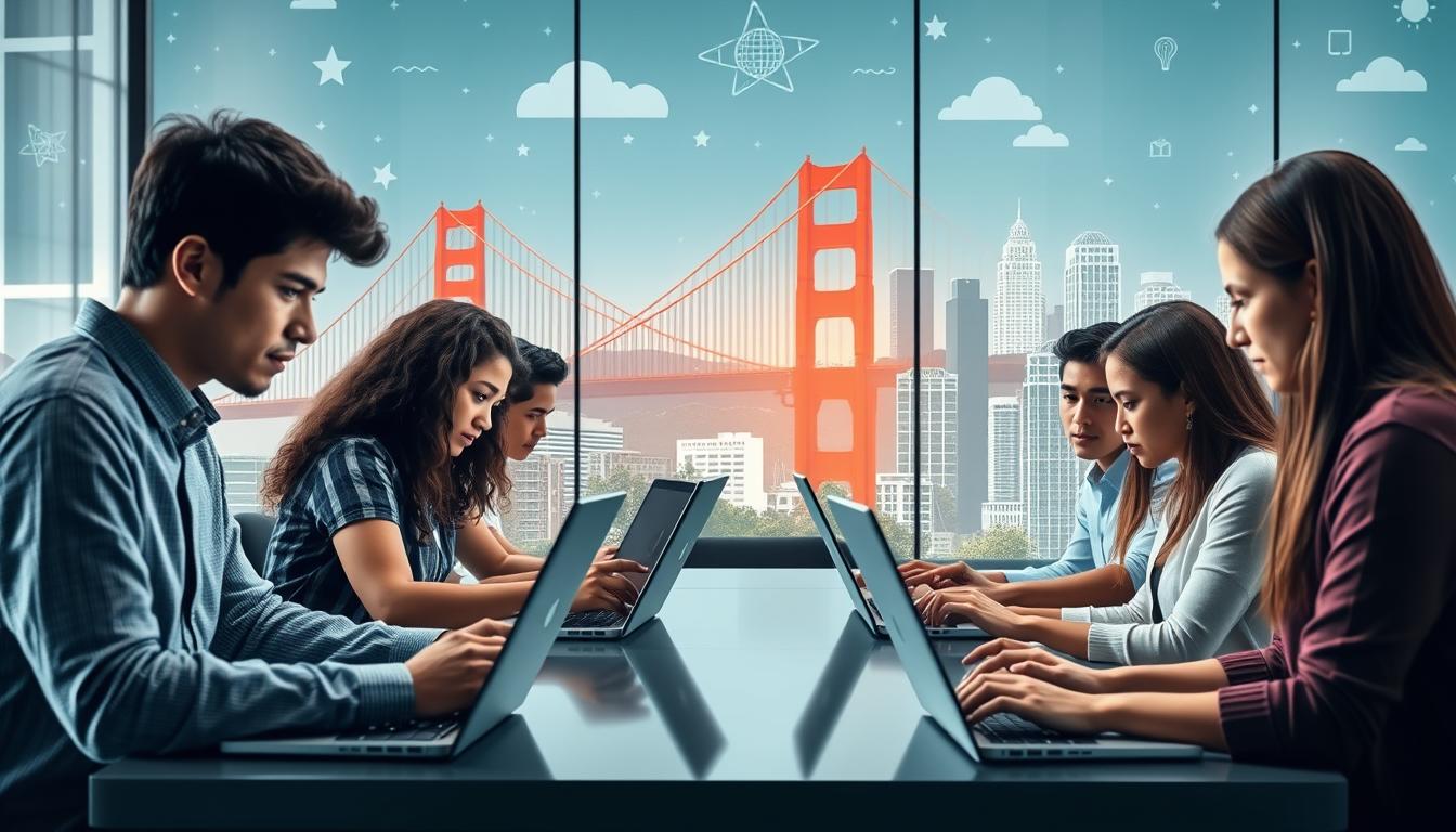 Remote students coding with California landmarks in the background