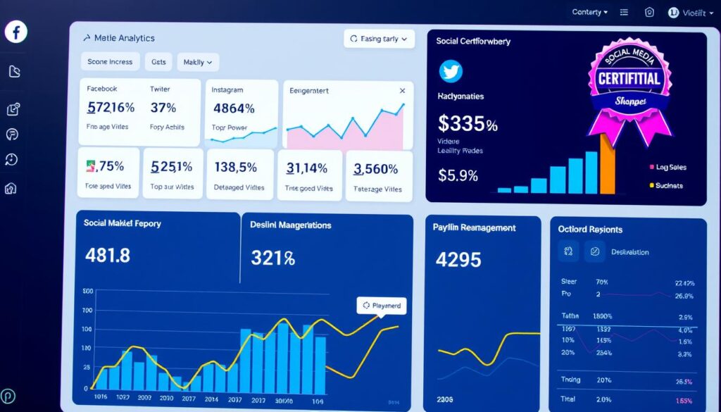 Social media marketing dashboard showing multiple platform analytics and certification badge
