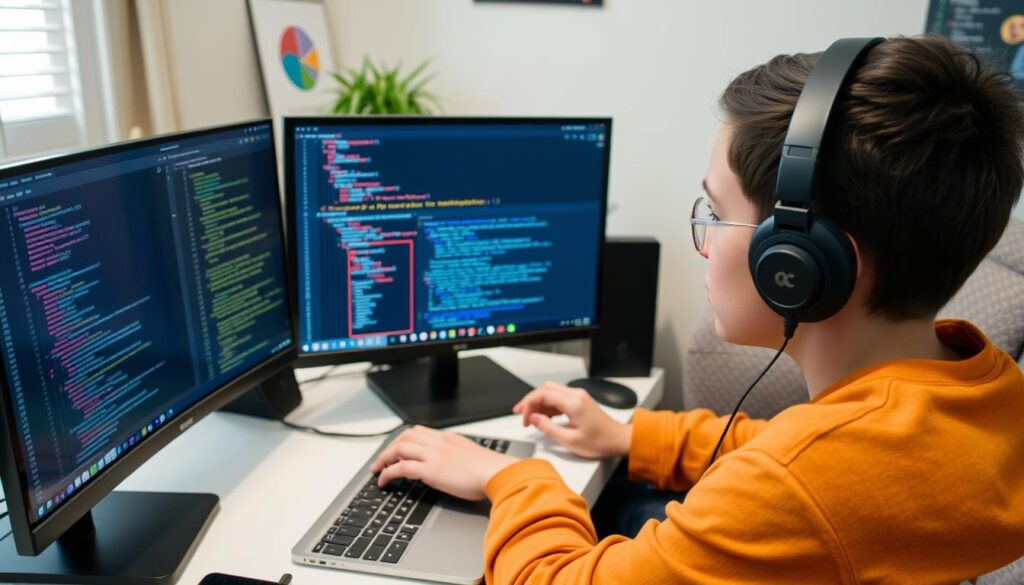 Student working on coding project remotely while using multiple bootcamp resources