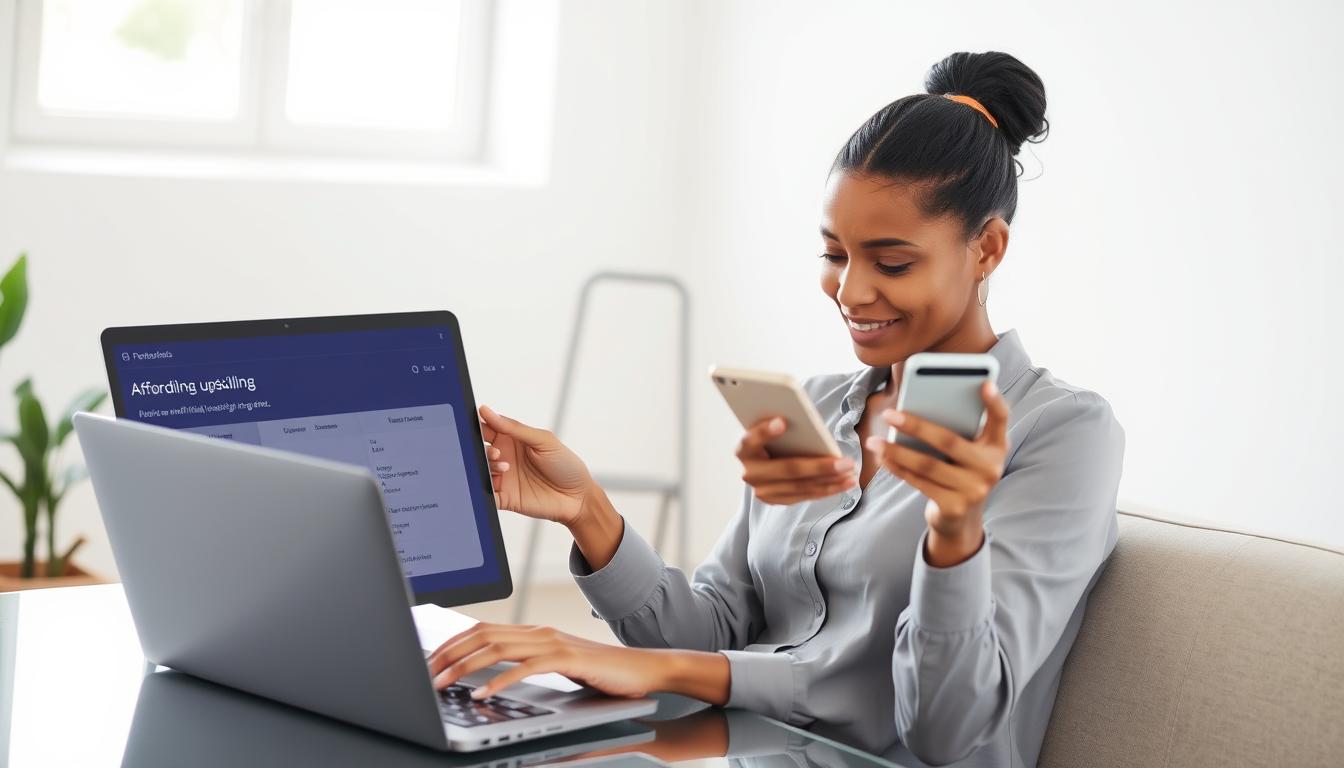 Woman comparing affordable upskilling platforms on laptop and mobile devices