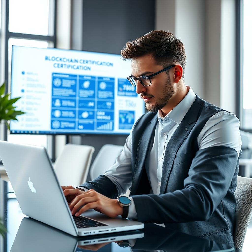 Business professional reviewing blockchain certification benefits Business professional reviewing blockchain certification benefits
