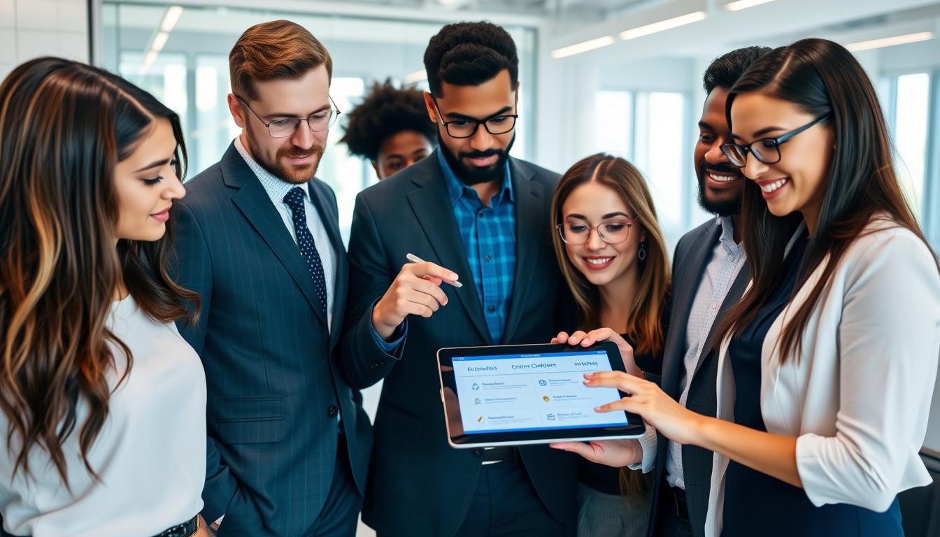 Business professionals examining blockchain certification options on a digital tablet
