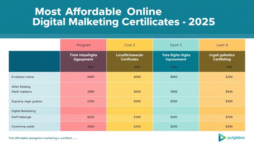 Comparison chart of the Most Affordable Online Digital Marketing Certificates 2025 showing price ranges and duration Comparison chart of the Most Affordable Online Digital Marketing Certificates 2025 showing price ranges and duration