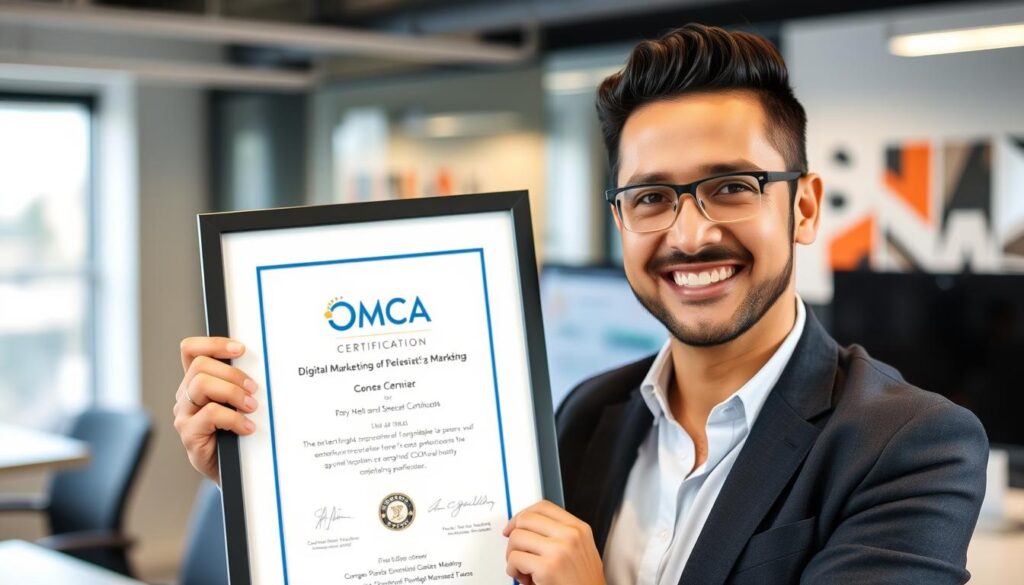 Digital marketing professional proudly displaying OMCA Certification