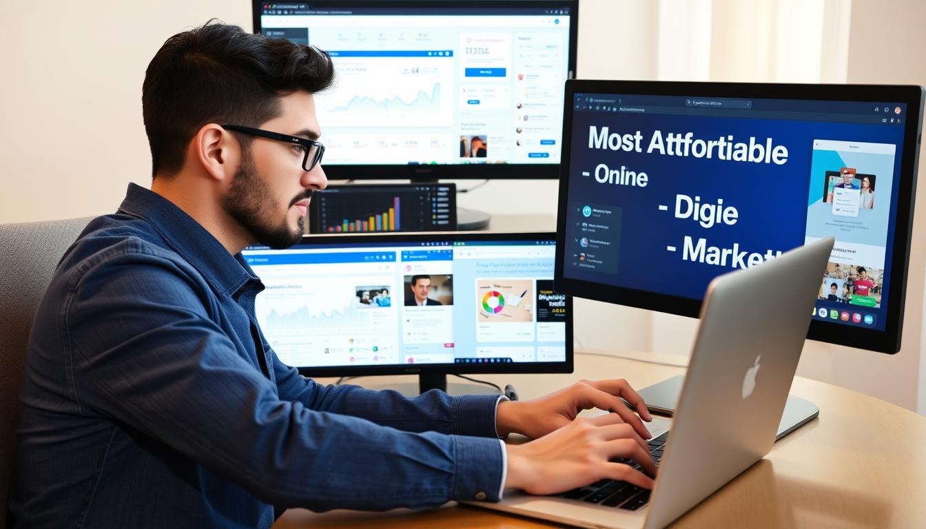 Digital marketing professional working on laptop with analytics dashboard showing Most Affordable Online Digital Marketing Certificates 2025