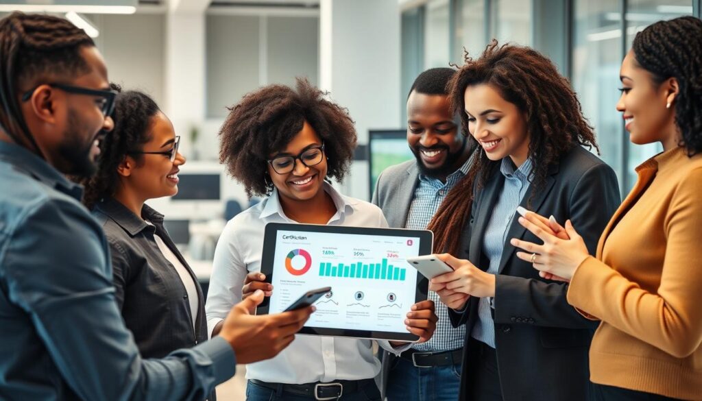 Digital marketing specialists discussing the Most Affordable Online Digital Marketing Certificates 2025 in a modern office setting Digital marketing specialists discussing the Most Affordable Online Digital Marketing Certificates 2025 in a modern office setting