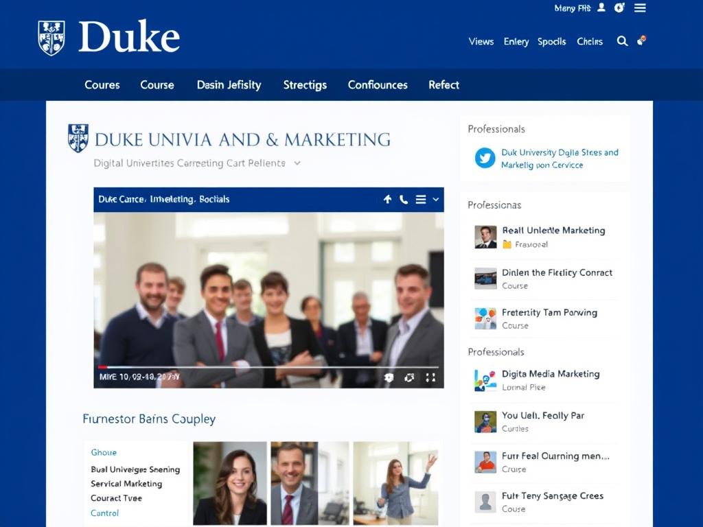 Duke University Digital Media and Marketing Certificate interface showing university-backed curriculum for 2025