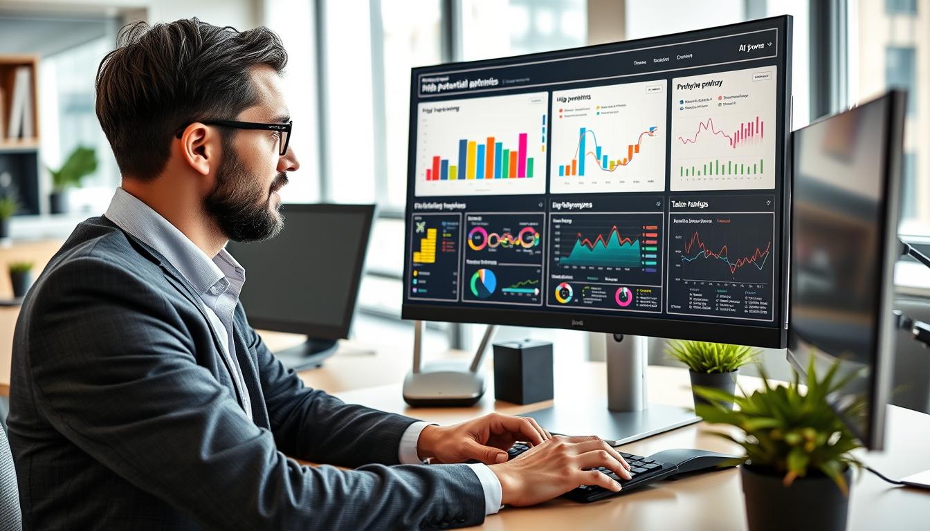 HR professional analyzing high-potential employee data on AI dashboard