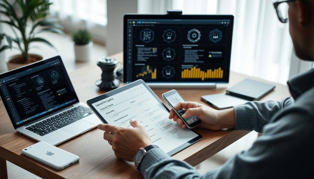 Person evaluating different affordable AI-powered upskilling platforms on multiple devices Person evaluating different affordable AI-powered upskilling platforms on multiple devices