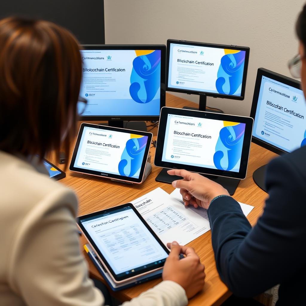 Person researching blockchain certification options Person researching blockchain certification options